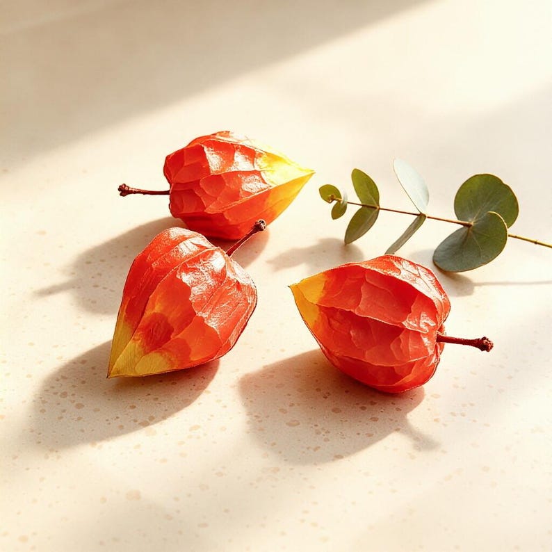 Handgeschnitzte rote Physalis Skulptur, Holzfrucht Kunst, Wohnkultur, Naturholz, rustikale Tischdekoration