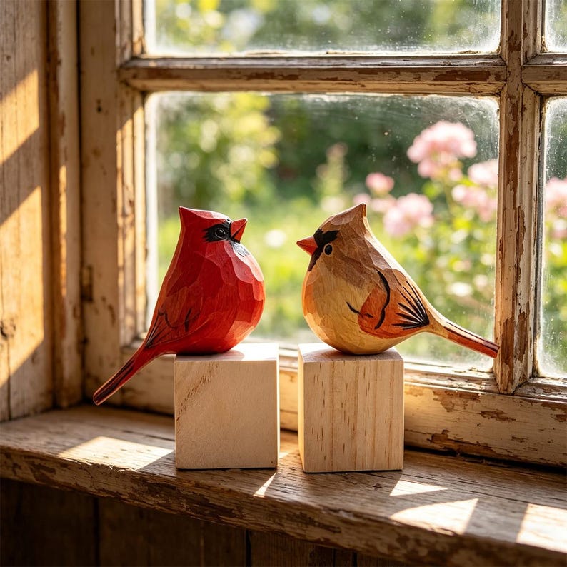 Handgefertigte Holzfigur Kardinal, handgeschnitzte Vogel-Skulptur, Mini Nordkardinal Dekor, 6 cm Höhe, 9,5 cm Länge