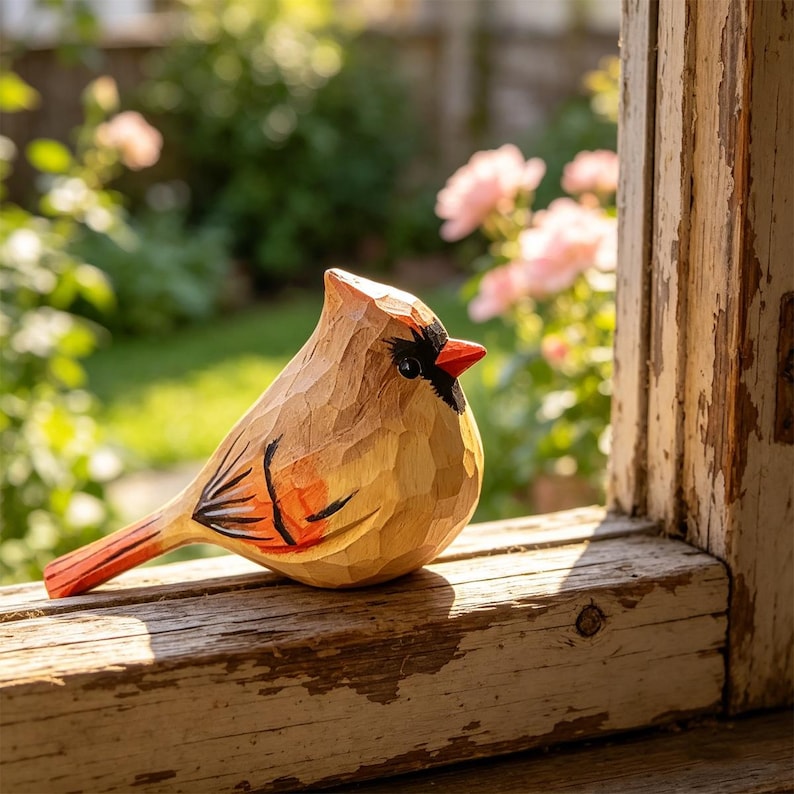 Handgefertigte Holzfigur Kardinal, handgeschnitzte Vogel-Skulptur, Mini Nordkardinal Dekor, 6 cm Höhe, 9,5 cm Länge