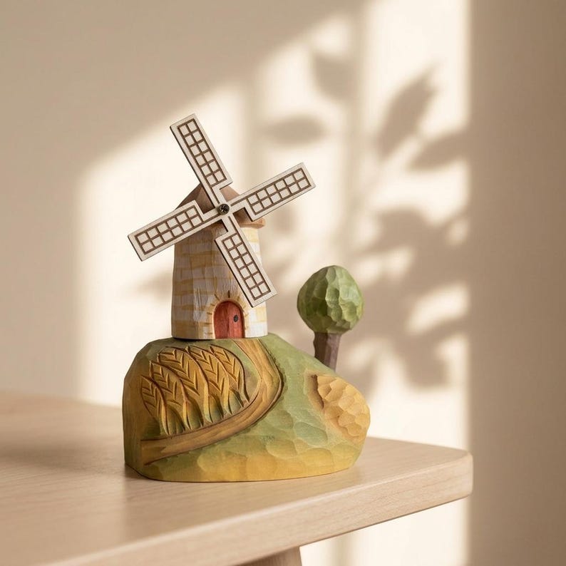 Handgeschnitzte hölzerne Windmühle Figur, Cottagecore Dekor, Bauernhaus Miniatur, Geschenk