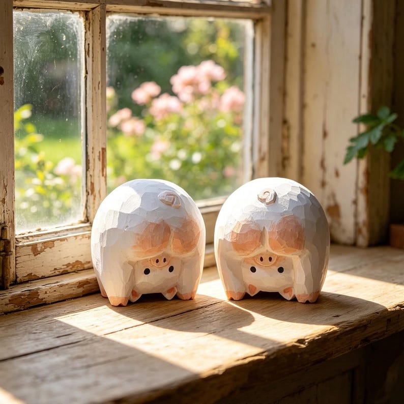 Handgeschnitzte hölzerne Schweinfigur | Rustikaler Bauernhof Ornament | Cottagecore Dekor