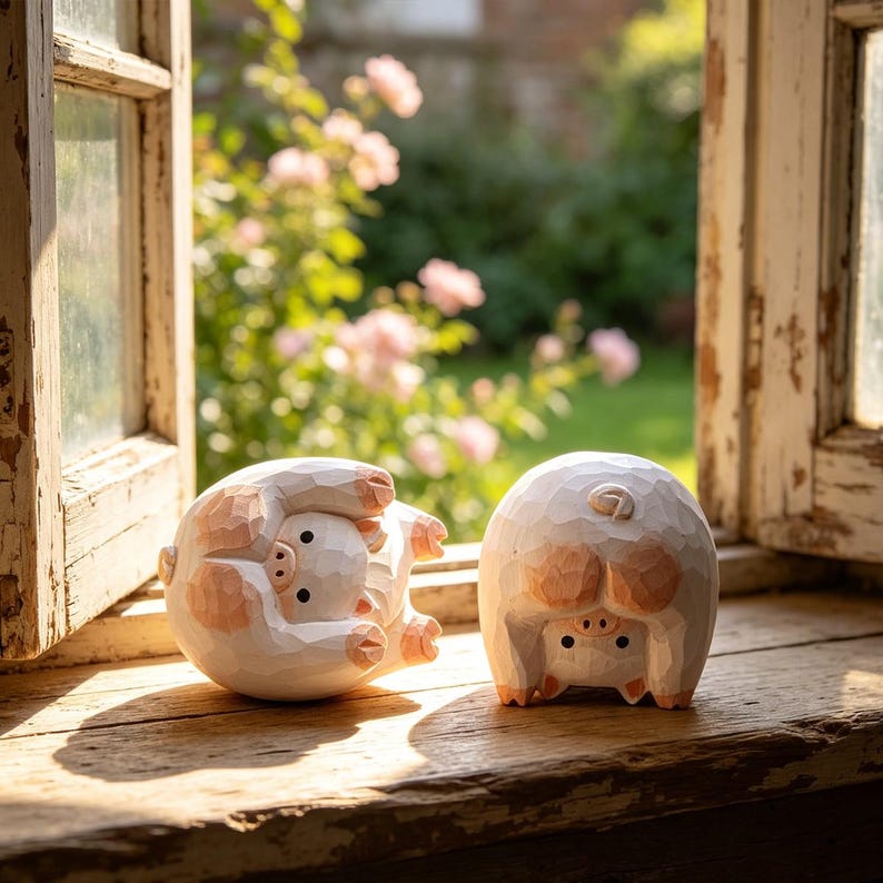Handgeschnitzte hölzerne Schweinfigur | Rustikaler Bauernhof Ornament | Cottagecore Dekor