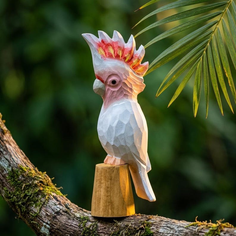 Handgeschnitzte Holzkakadufigur – Rosa Vogelstatue aus Holz für Schreibtischdekoration