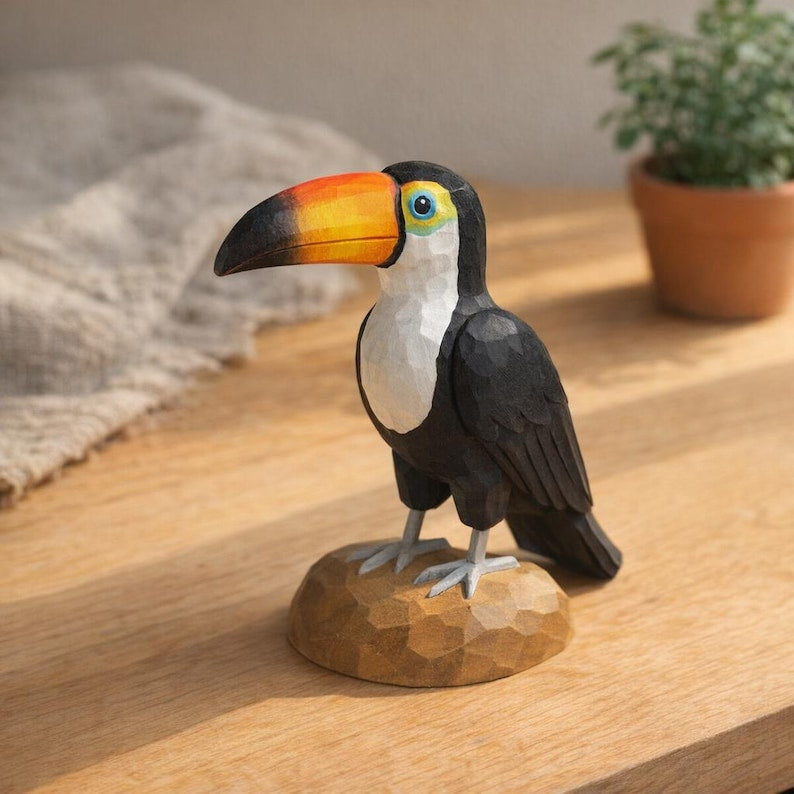 Handgefertigte Holzfigur Tukan – tropischer Schreibtisch-Dekor Akzent, 12 cm