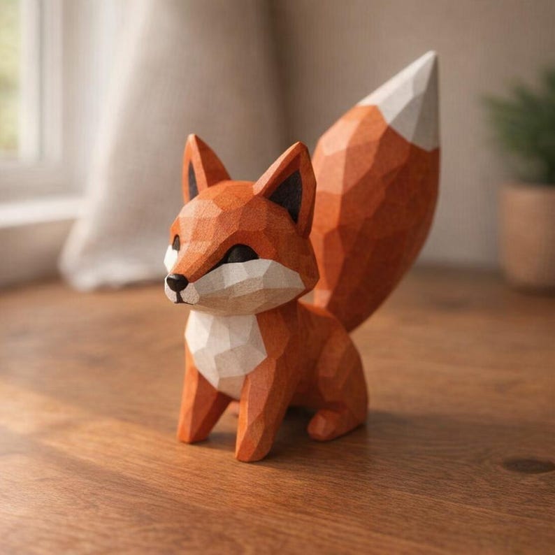 Handgefertigte Holzfigur Fuchs, 11 cm, Waldtier Dekor, Regal Dekor, Geschenk für Naturliebhaber