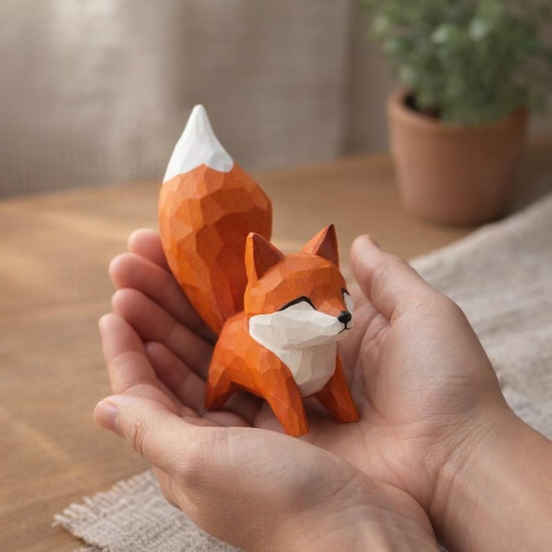Handgefertigte Holzfigur Fuchs, 11 cm, Waldtier Dekor, Regal Dekor, Geschenk für Naturliebhaber