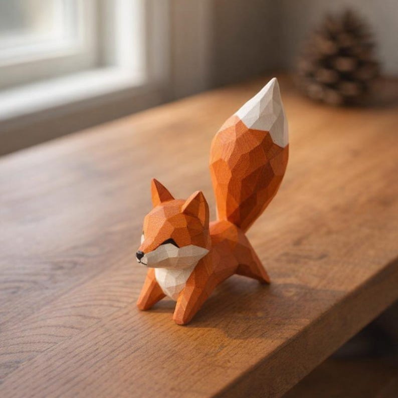 Handgefertigte Holzfigur Fuchs, 11 cm, Waldtier Dekor, Regal Dekor, Geschenk für Naturliebhaber