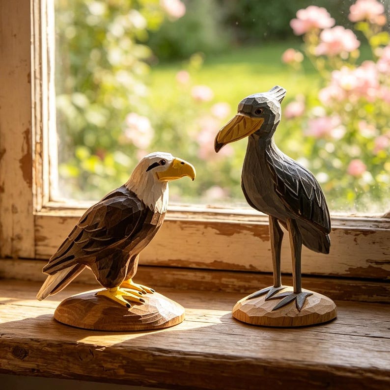 Handgeschnitzte hölzerne Vogelfiguren, tropische Wildtierskulptur, rustikale Walddekoration