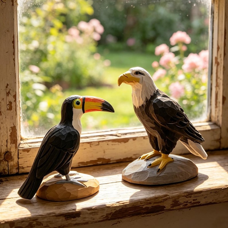 Handgeschnitzte hölzerne Vogelfiguren, tropische Wildtierskulptur, rustikale Walddekoration