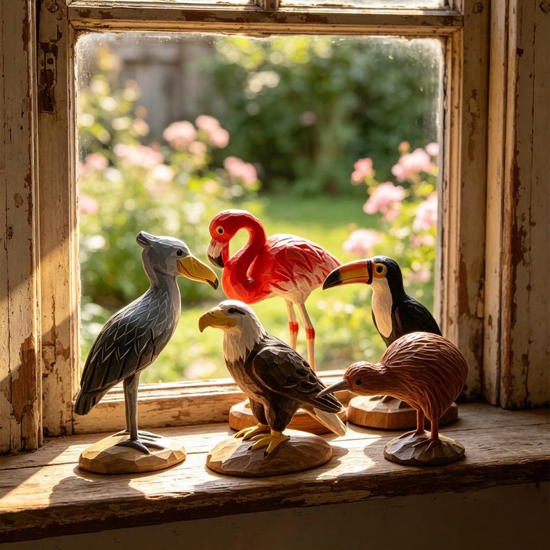 Handgeschnitzte hölzerne Vogelfiguren, tropische Wildtierskulptur, rustikale Walddekoration