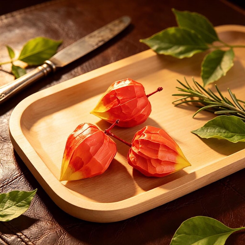Handgeschnitzte rote Physalis Skulptur, Holzfrucht Kunst, Wohnkultur, Naturholz, rustikale Tischdekoration