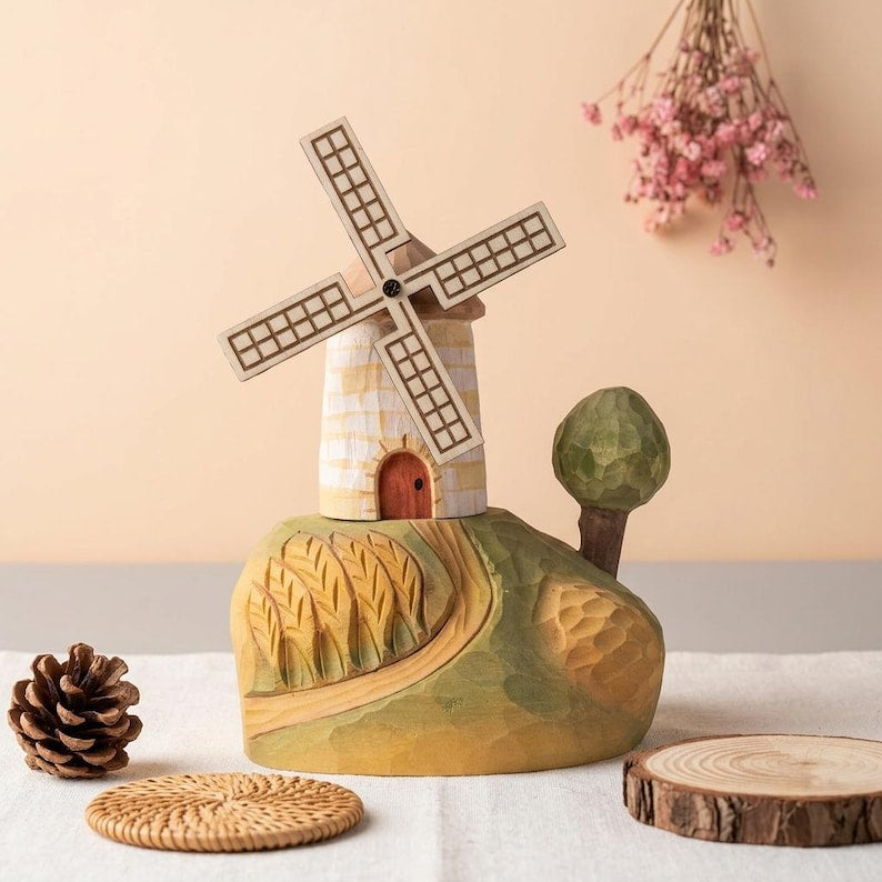 Handgeschnitzte hölzerne Windmühle Figur, Cottagecore Dekor, Bauernhaus Miniatur, Geschenk