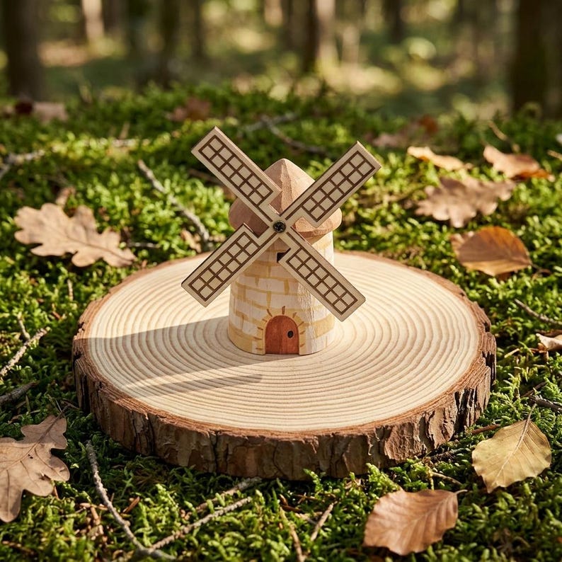 Handgeschnitzte hölzerne Windmühle Figur, Cottagecore Dekor, Bauernhaus Miniatur, Geschenk